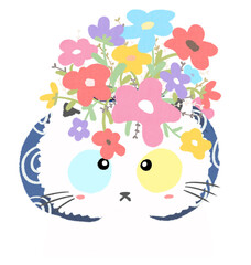 Colorful flower on head of cute white cat with blue and yellow eyes. 