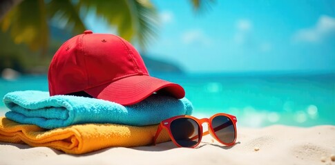 A vibrant summer scene featuring a bright red baseball cap perched atop a stack of beach towels, sunglasses, and sunscreen, ready for a sunny day , clouds, baseball cap