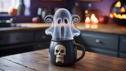Creative Halloween decoration with ghostly steam rising from a skull-themed mug in a cozy kitchen setting Generative AI