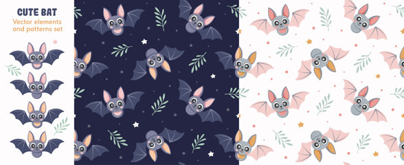 Cute bat. Vector elements and set of seamless patterns on dark and light background. For kids. For textile, packaging, background