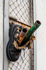 An old shoe with pipes on a wire fence creates a unique, artistic composition.