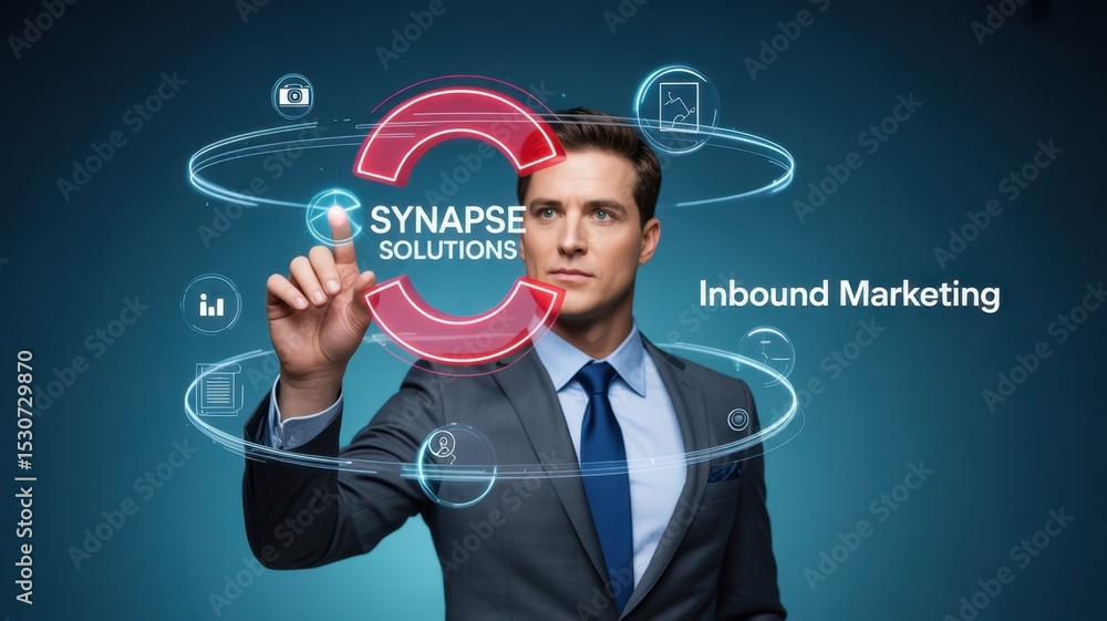Poster businessman interacts with digital interface displaying inbound marketing solutions.
