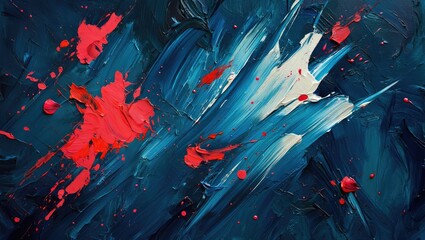 Abstract artwork with dynamic brushstrokes in vibrant shades of blue, red, and white.