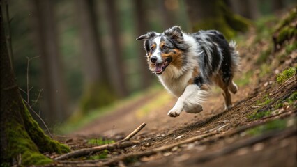 An australian shepherd dog running through the forest is full of energy and joy.