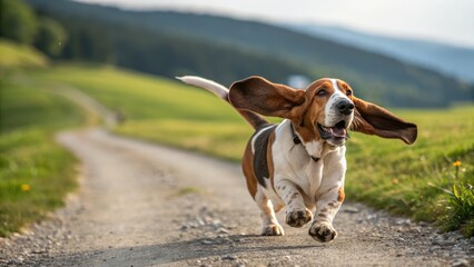 A happy basset hound runs with its ears flying, enjoying the outdoors on a beautiful day.