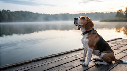 A beagle enjoys a beautiful sunrise over a calm lake, creating a peaceful morning scene.