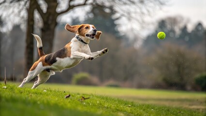 A beagle dog in mid air, excitedly jumping to catch a tennis ball during a game of fetch.