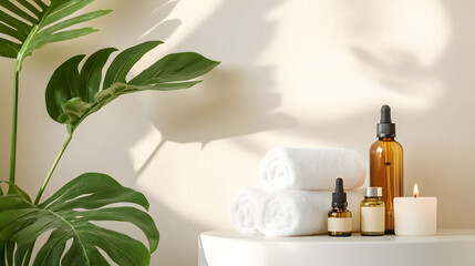 Tranquil Wellness Setup: A spa-like composition, showcasing the serenity of self-care with essential oil bottles, rolled towels, a lit candle, and lush greenery.
