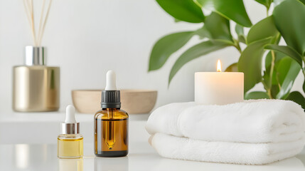 Zen Still Life: Essence of Serenity with amber glass essential oil bottles, candle flame, and fresh white towels invites relaxation and calm into your space.