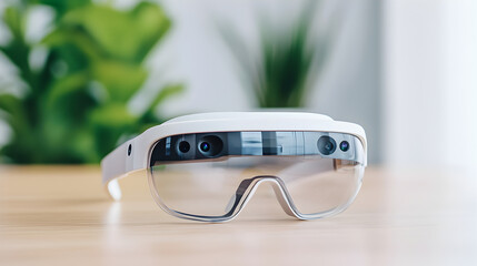 Metaverse Glasses on Tabletop: Augmented reality glasses sit on a table surface in sharp focus, next to a blurred plant, symbolizing a bridge between nature and technology.