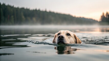 A happy yellow lab takes a refreshing swim in a peaceful lake surrounded by trees.