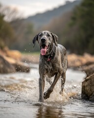 A happy dog runs and plays in a river, enjoying its time in the water and nature.
