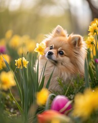 A charming Pomeranian dog enjoys a spring day amidst yellow daffodils and other vibrant blooms.