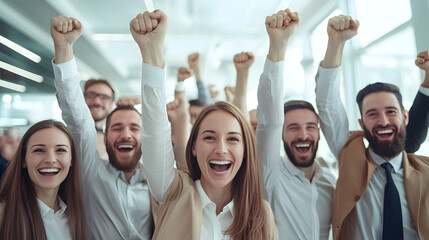 A group of happy, diverse professionals celebrating success with raised fists in a bright office setting.