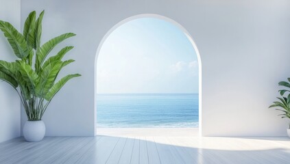Seaside interior with an archway view of the ocean.