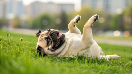A happy pug rolls in the grass on a sunny day, enjoying the outdoors and pure bliss.
