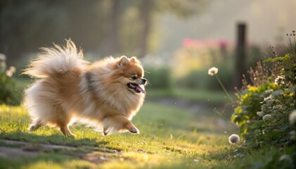 A happy Pomeranian enjoys a run in a sunny, green field on a beautiful day.