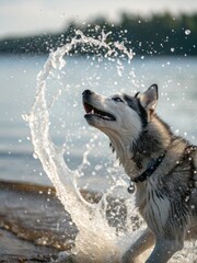A happy husky dog splashes in the water on a sunny day, enjoying the summer.
