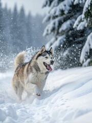 A beautiful husky dog enjoys a run through fresh, white snow on a sunny winter day.