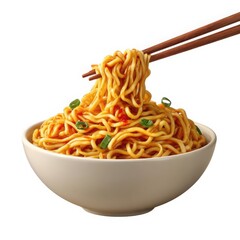 Spicy noodles in bowl with chopsticks isolated on white background