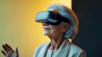 Elderly woman wearing virtual reality headset exploring immersive digital environment with raised hand in modern office setting - Powered by Adobe