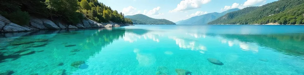Fotobehang Crystal-clear teal freshwater lake, sunlit surface reflecting vibrant sky Calm water, untouched nature, serene landscape Ideal for travel, nature, and environmental themes , environment, vacation © Sayfar