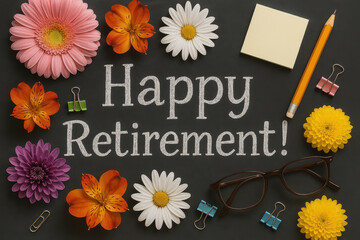 Happy retirement party message written on blackboard surrounded by colorful flowers pencil glasses and paper clips creating joyful celebration atmosphere