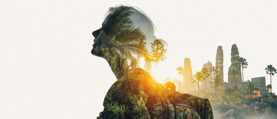 profile of young, unrecognizable holiday maker girl with backpack looking up with hope & enthusiasm; tropical heaven scenery in her head; copy space