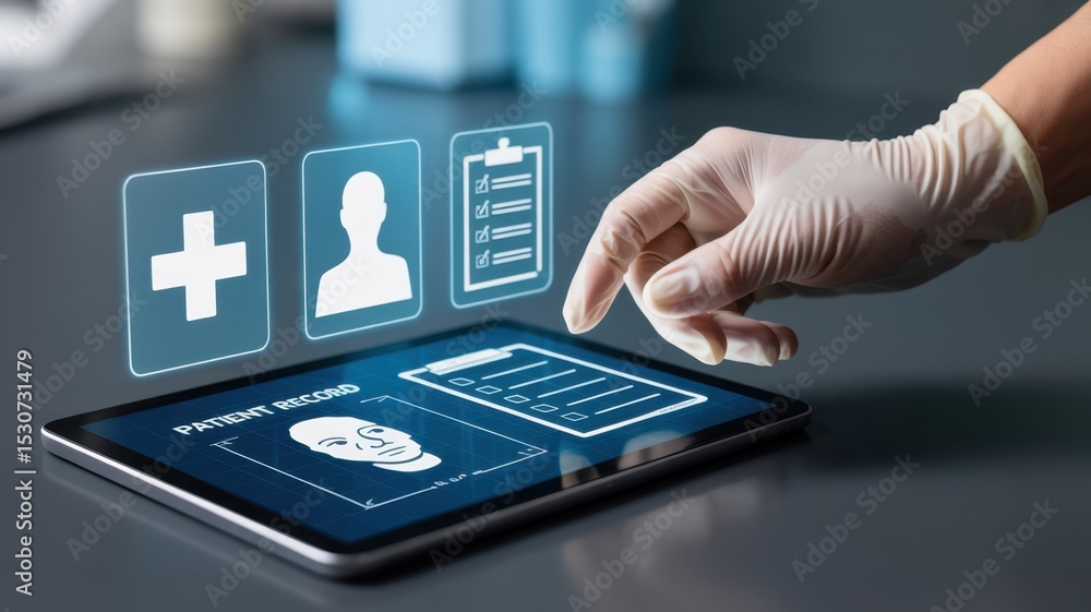 Poster digital patient record interface on a tablet.