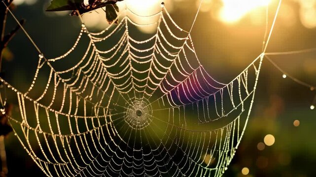 Beautiful spiderweb glistening with morning dew droplets, spun outdoors in a natural setting and illuminated by the bright golden sunlight.