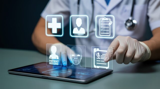 Medical professional interacting with a digital tablet displaying holographic medical information.