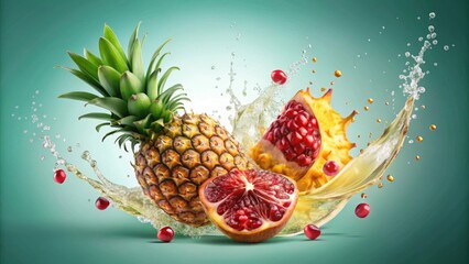 A vibrant splash of tropical fruit juice featuring a pineapple, pomegranate, and blood orange, capturing the essence of refreshment