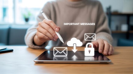 Person interacting with digital email and security icons on a tablet.