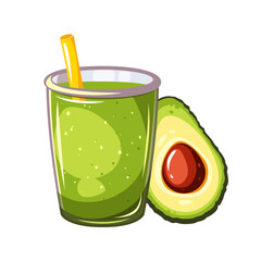 Avocado smoothie. Delicious green smoothie in a glass and half an avocado. Vector illustration.