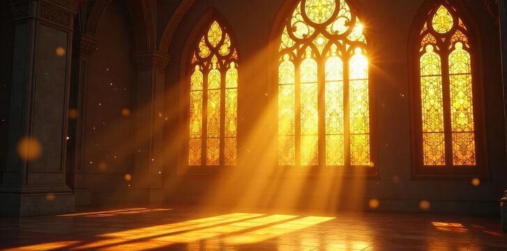 Golden sunlight streams through stained-glass windows illuminating dust motes in a serene, spiritual space Perfect for meditation, peace, faith, and tranquility themes , spiritual awakening, energy
