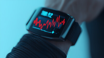 A close-up of a smartwatch on a wrist displaying fluctuating data and a numeric value on its screen.