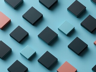 A pastel blue background features a diagonal pattern of dark-grey and light-blue squares, with two coral squares as accents