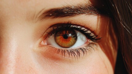 Obraz premium Close-up of a woman's eye showcasing detailed iris and long eyelashes