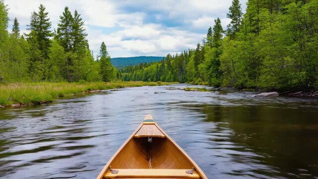 Canoe Ride Through Serene Forest River in Summer

