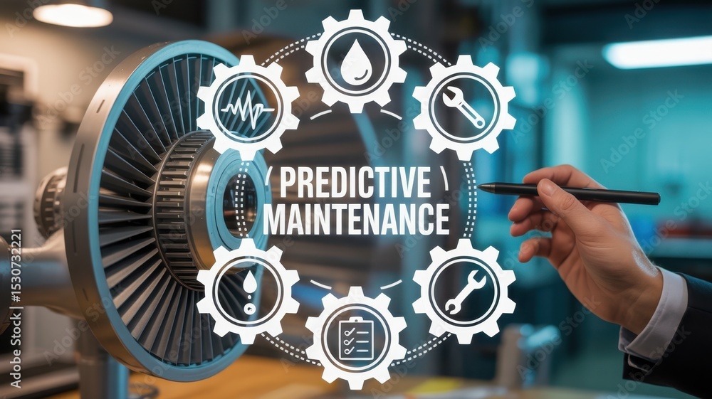 Poster predictive maintenance system displayed over a turbine.