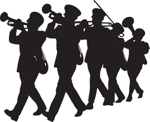 Silhouette of a marching band with musicians playing trumpets, perfect for celebration, parade, music, and event-themed designs, symbolizing unity and performance
