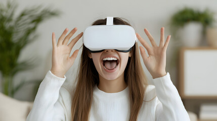 A joyful young woman wearing a white virtual reality headset interacts excitedly, immersed in a digital experience at home.