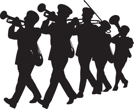 Silhouette of a marching band with musicians playing trumpets, perfect for celebration, parade, music, and event-themed designs, symbolizing unity and performance