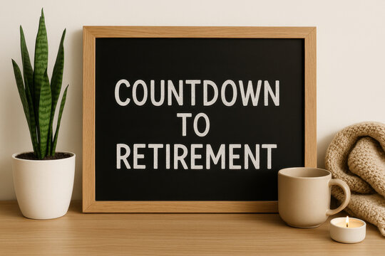 Countdown to retirement message on blackboard with plant, cup, candle, and cozy blanket creating warm and inviting atmosphere for retirement party celebration