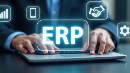 A person working on a laptop with an ERP system interface.