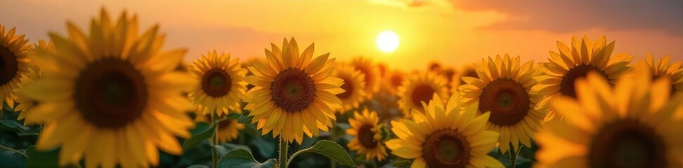 Obraz premium Majestic sunflowers bathed in the warm golden light of a vibrant sunrise, their faces turned towards the east, a breathtaking display of nature's beauty , stunning, sunflower field