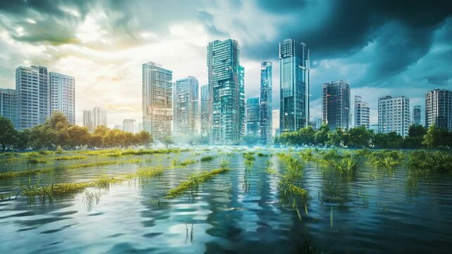 Futuristic Flooded City with Modern Skyscrapers and Overgrown Vegetation

