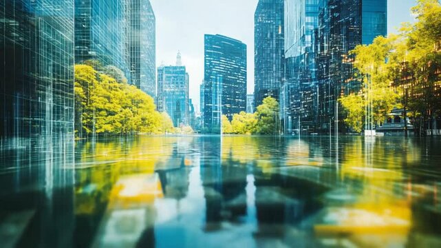 Futuristic City Flooded with Water and Digital Effects