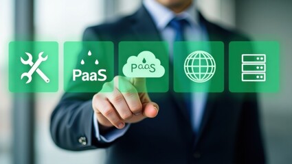 A person interacting with a virtual interface displaying platform as a service icons.