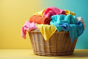 Overfull woven laundry basket overflowing with brightly colored clothes, shirts, towels and bedding Ready for washing or folding Home organization and cleaning concept , sheets, organization